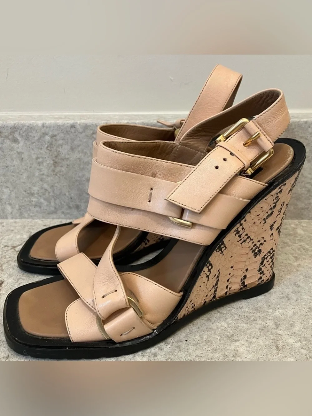 Derek Lam Blush Leather Cork-Pattern Wedge Sandals